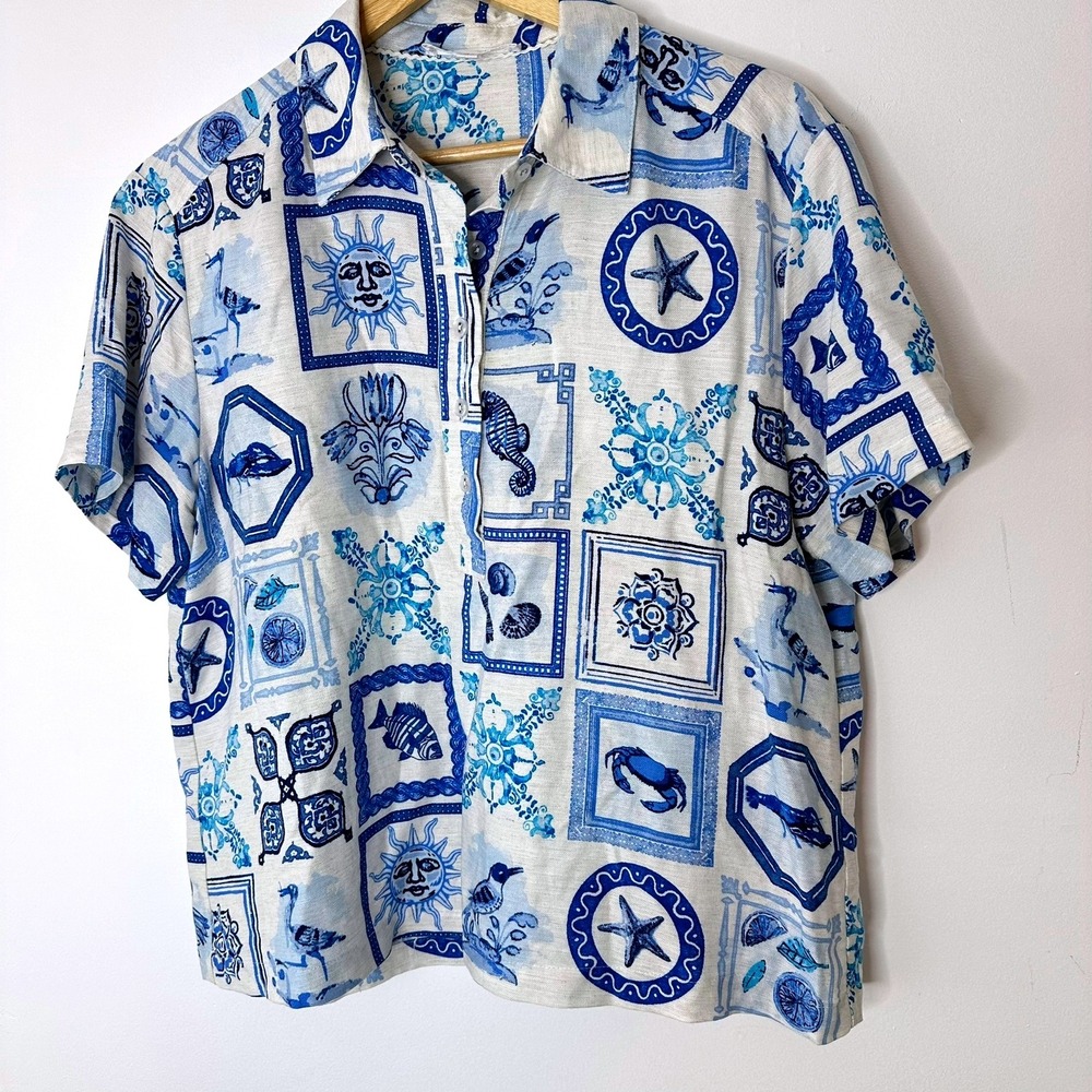 Jane+Delancey Womens‎ Blue White Print Short Sleeve Linen Blend Shirt Medium